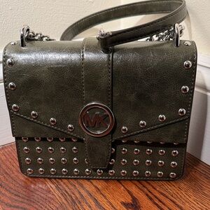 Michael Kors Olive Green Greenwich Studded Distrssed Crossbody Bag